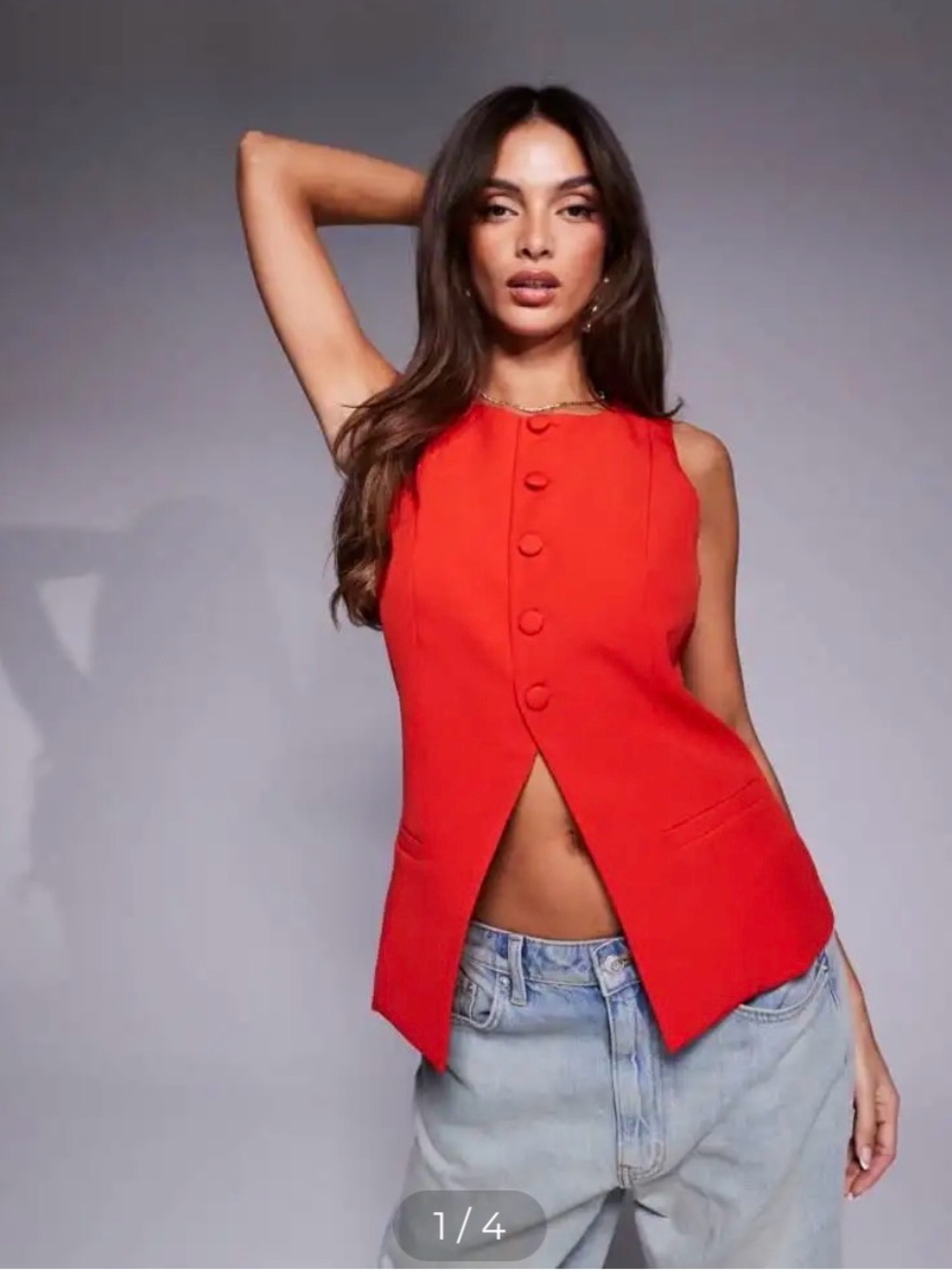 Tailored Split Front Buttoned Vest in Bright Red (Size US 4 / Small)